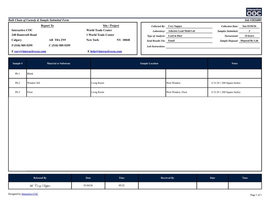Chain of Custody example — Lead Wipe